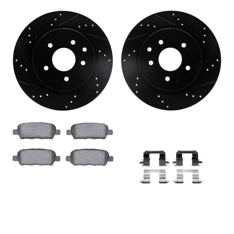 8512-67100 Drilled/Slotted Brake Rotors w/5000 Advanced Brake Pads Kit & Hardware [Black], 2005-2021 Infiniti/Nissan, Position: 