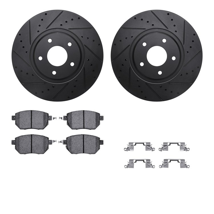 8512-67104 Drilled/Slotted Brake Rotors w/5000 Advanced Brake Pads Kit & Hardware [Black], 2003-2005 Infiniti/Nissan, Position: 