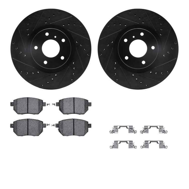 8512-67105 Drilled/Slotted Brake Rotors w/5000 Advanced Brake Pads Kit & Hardware [Black], 2003-2011 Infiniti/Nissan, Position: 