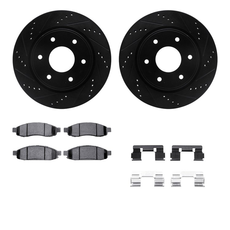 8512-67113 Drilled/Slotted Brake Rotors w/5000 Advanced Brake Pads Kit & Hardware [Black], 2005-2007 Infiniti/Nissan, Position: 