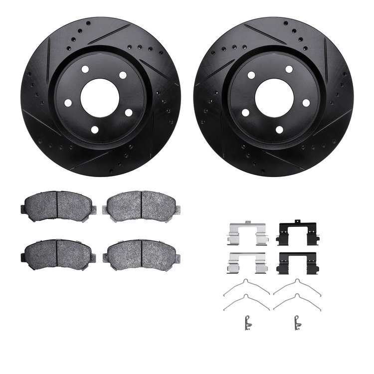 8512-67116 Drilled/Slotted Brake Rotors w/5000 Advanced Brake Pads Kit & Hardware [Black], 2008-2015 Infiniti/Nissan, Position: 