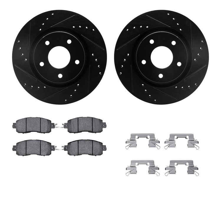 8512-67122 Drilled/Slotted Brake Rotors w/5000 Advanced Brake Pads Kit & Hardware [Black], 2014-2017 Infiniti/Nissan, Position: 