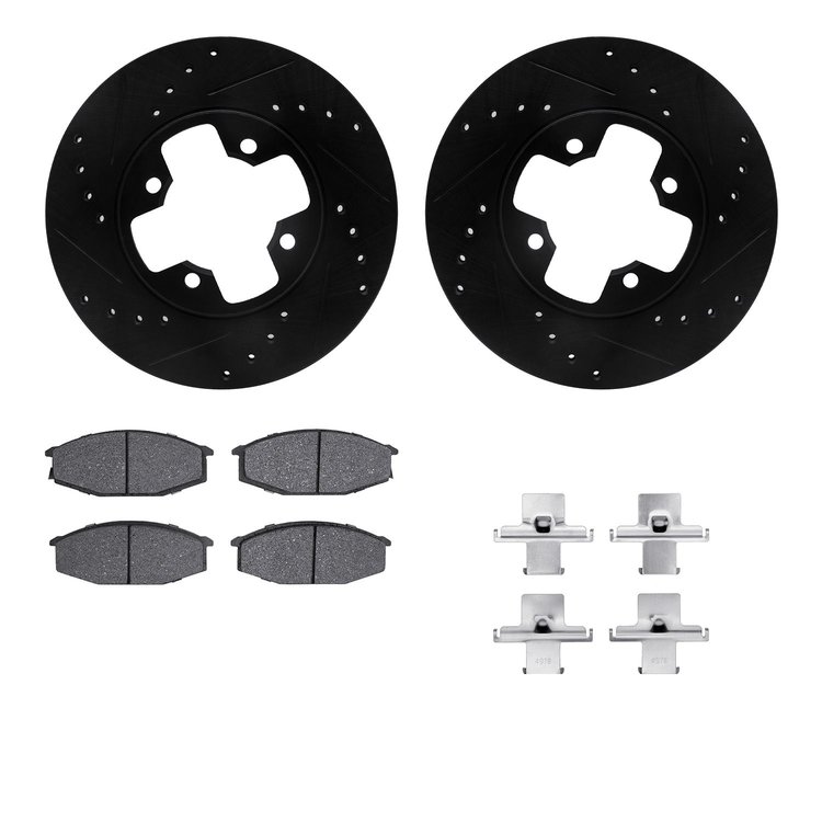 8512-67124 Drilled/Slotted Brake Rotors w/5000 Advanced Brake Pads Kit & Hardware [Black], 1979-1983 Infiniti/Nissan, Position: 