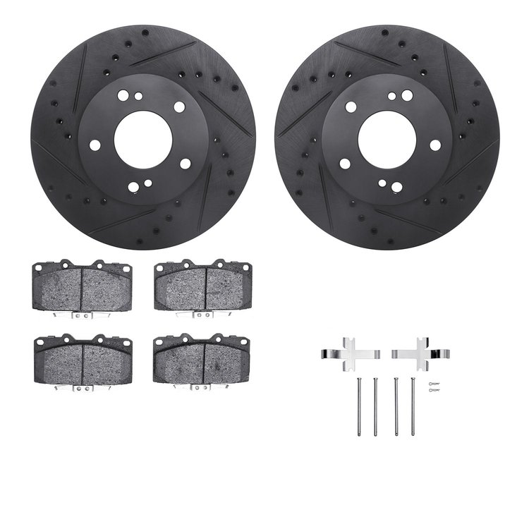 8512-67133 Drilled/Slotted Brake Rotors w/5000 Advanced Brake Pads Kit & Hardware [Black], 1989-1990 Infiniti/Nissan, Position: 