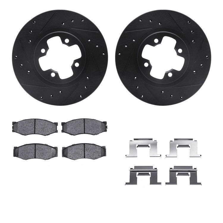 8512-67136 Drilled/Slotted Brake Rotors w/5000 Advanced Brake Pads Kit & Hardware [Black], 1984-1984 Infiniti/Nissan, Position: 