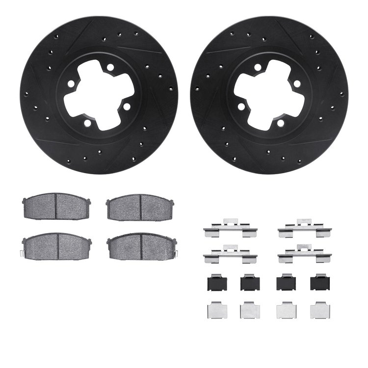 8512-67138 Drilled/Slotted Brake Rotors w/5000 Advanced Brake Pads Kit & Hardware [Black], 1987-1988 Infiniti/Nissan, Position: 