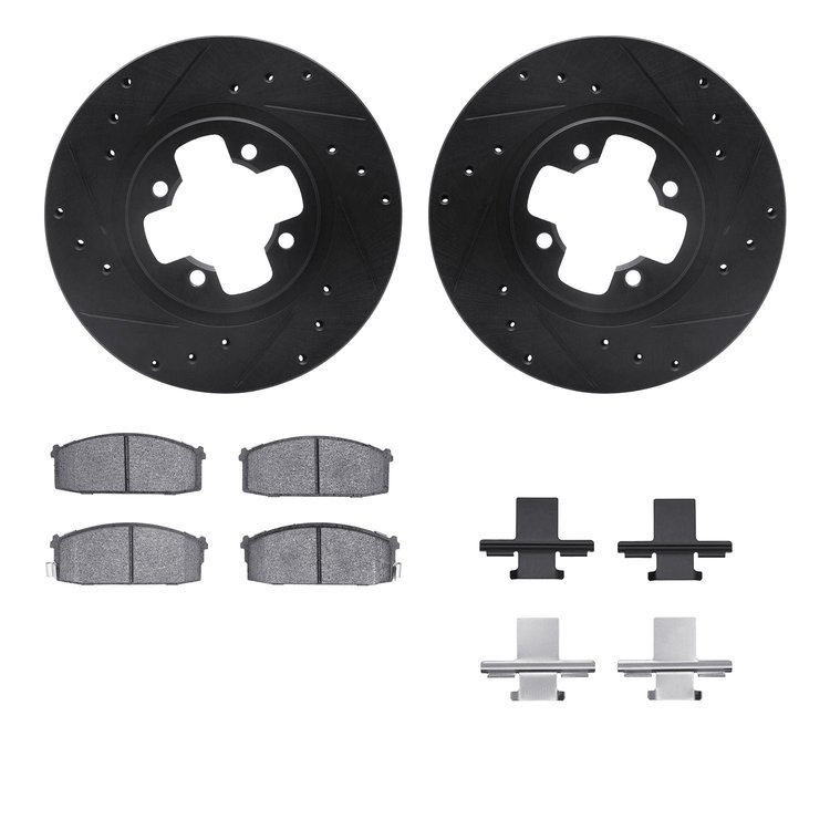 8512-67139 Drilled/Slotted Brake Rotors w/5000 Advanced Brake Pads Kit & Hardware [Black], 1981-1986 Infiniti/Nissan, Position: 