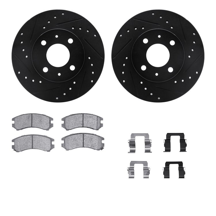 8512-67151 Drilled/Slotted Brake Rotors w/5000 Advanced Brake Pads Kit & Hardware [Black], 1988-1989 Infiniti/Nissan, Position: 