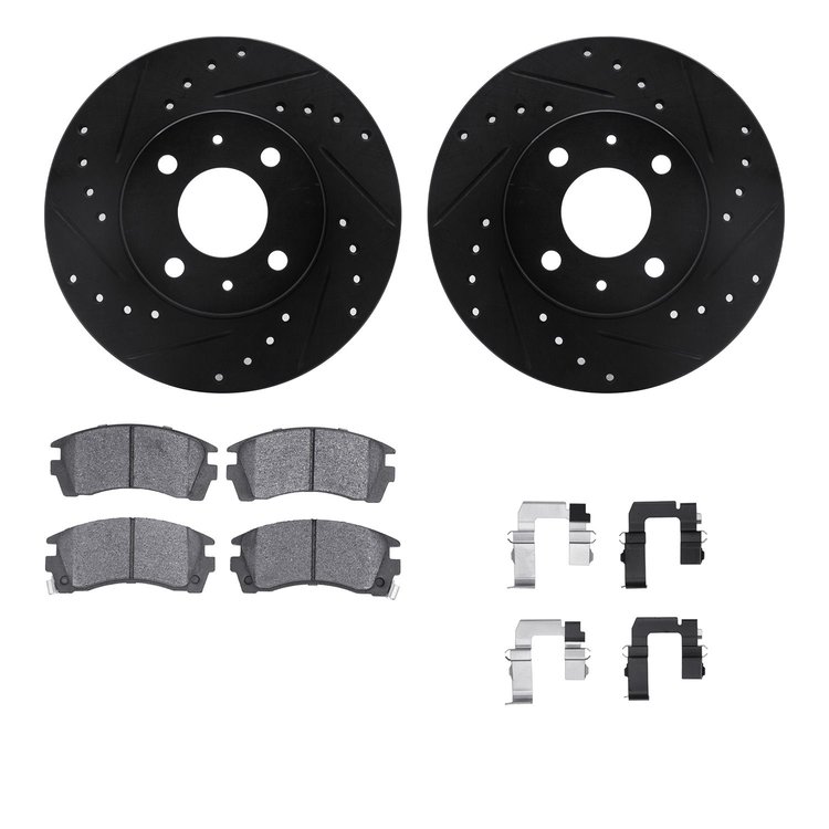 8512-67152 Drilled/Slotted Brake Rotors w/5000 Advanced Brake Pads Kit & Hardware [Black], 1991-2006 Infiniti/Nissan, Position: 