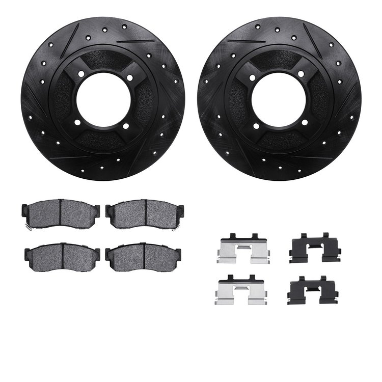 8512-67169 Drilled/Slotted Brake Rotors w/5000 Advanced Brake Pads Kit & Hardware [Black], 1982-1986 Infiniti/Nissan, Position: 
