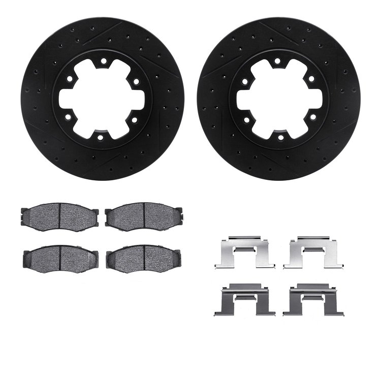 8512-67275 Drilled/Slotted Brake Rotors w/5000 Advanced Brake Pads Kit & Hardware [Black], 1983-1985 Infiniti/Nissan, Position: 