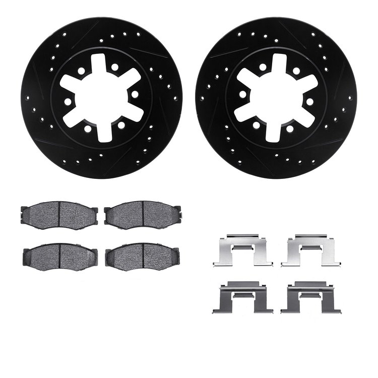 8512-67284 Drilled/Slotted Brake Rotors w/5000 Advanced Brake Pads Kit & Hardware [Black], 1985-1997 Infiniti/Nissan, Position: 