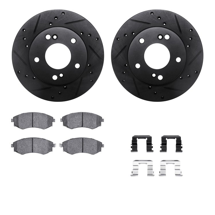 8512-67317 Drilled/Slotted Brake Rotors w/5000 Advanced Brake Pads Kit & Hardware [Black], 1996-1996 Infiniti/Nissan, Position: 
