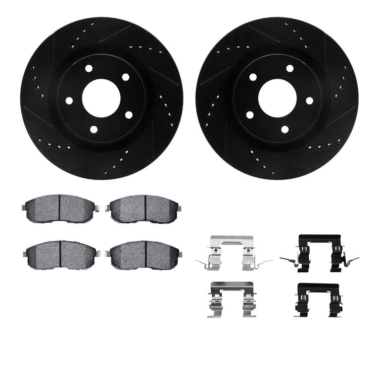8512-67376 Drilled/Slotted Brake Rotors w/5000 Advanced Brake Pads Kit & Hardware [Black], 2007-2012 Infiniti/Nissan, Position: 