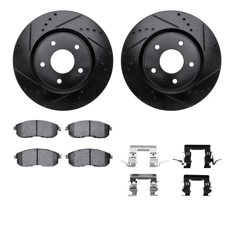 8512-67388 Drilled/Slotted Brake Rotors w/5000 Advanced Brake Pads Kit & Hardware [Black], 2007-2012 Infiniti/Nissan, Position: 