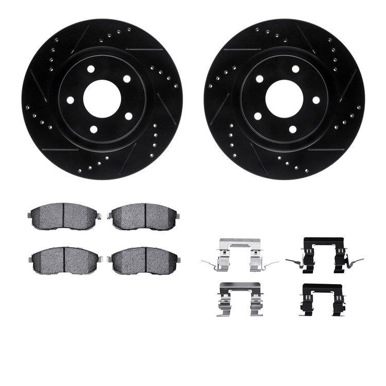 8512-67500 Drilled/Slotted Brake Rotors w/5000 Advanced Brake Pads Kit & Hardware [Black], 2011-2019 Infiniti/Nissan, Position: 
