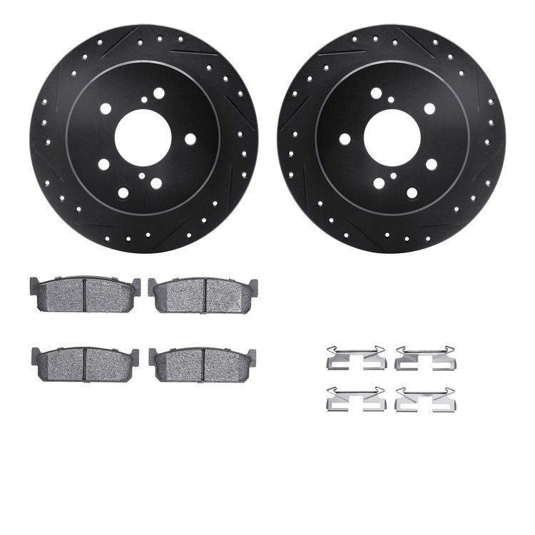 8512-68002 Drilled/Slotted Brake Rotors w/5000 Advanced Brake Pads Kit & Hardware [Black], 1994-1996 Infiniti/Nissan, Position: 