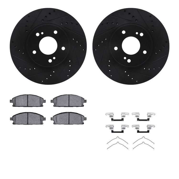 8512-68004 Drilled/Slotted Brake Rotors w/5000 Advanced Brake Pads Kit & Hardware [Black], 1997-2001 Infiniti/Nissan, Position: 