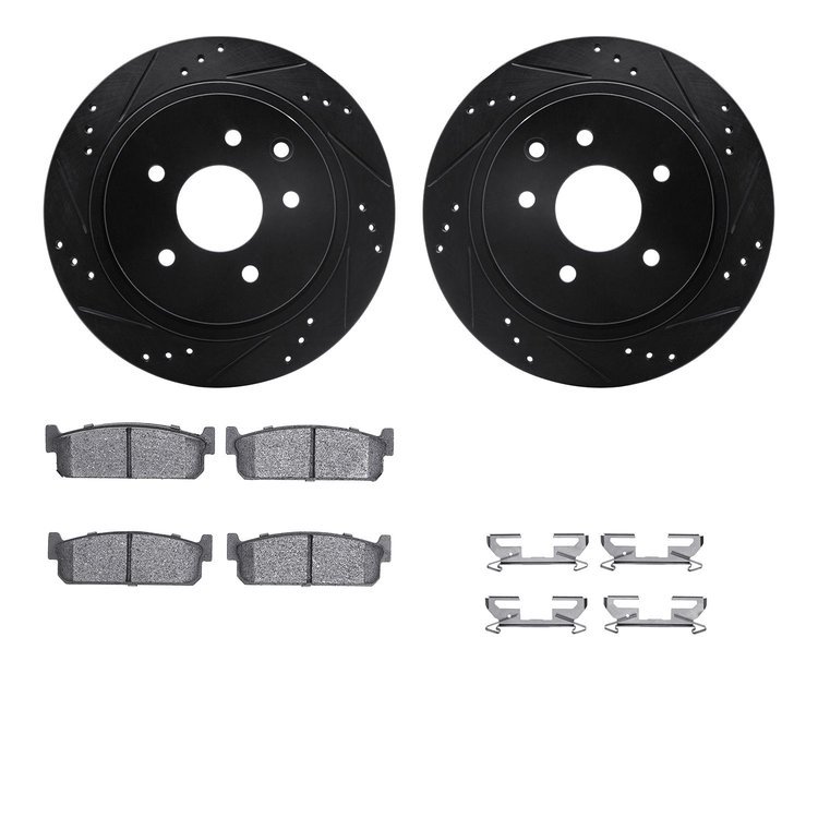 8512-68005 Drilled/Slotted Brake Rotors w/5000 Advanced Brake Pads Kit & Hardware [Black], 2002-2006 Infiniti/Nissan, Position: 