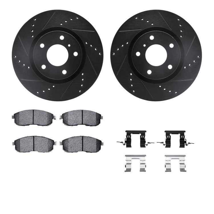 8512-68006 Drilled/Slotted Brake Rotors w/5000 Advanced Brake Pads Kit & Hardware [Black], 2003-2005 Infiniti/Nissan, Position: 