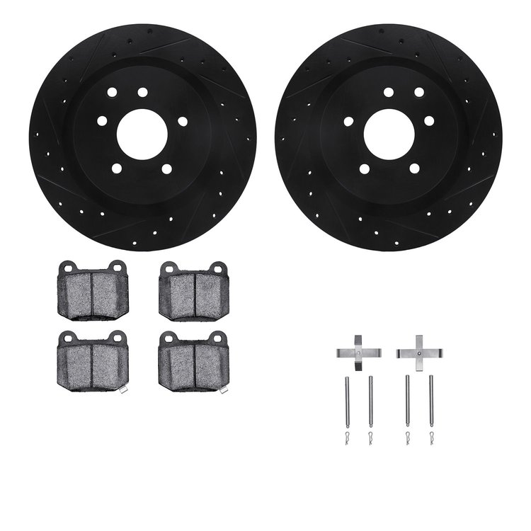 8512-68009 Drilled/Slotted Brake Rotors w/5000 Advanced Brake Pads Kit & Hardware [Black], 2003-2008 Infiniti/Nissan, Position: 