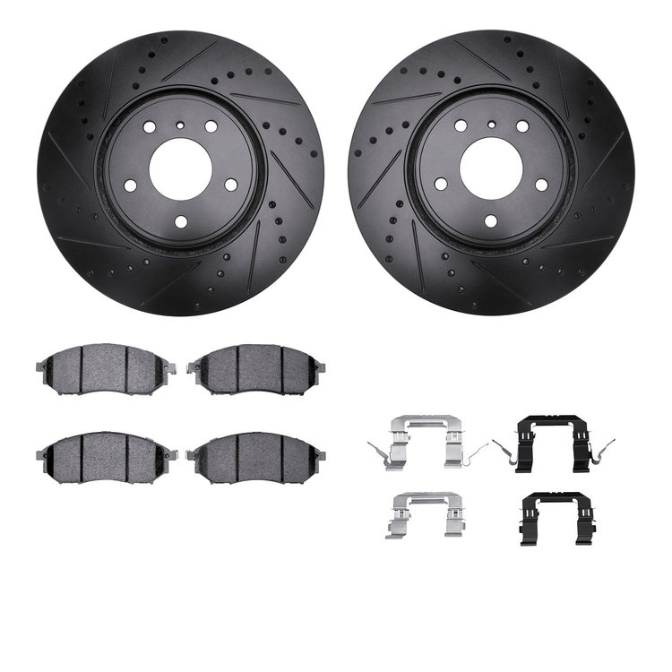 8512-68010 Drilled/Slotted Brake Rotors w/5000 Advanced Brake Pads Kit & Hardware [Black], 2014-2014 Infiniti/Nissan, Position: 