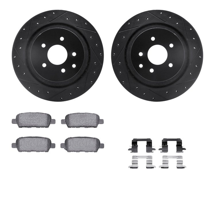 8512-68011 Drilled/Slotted Brake Rotors w/5000 Advanced Brake Pads Kit & Hardware [Black], 2007-2015 Infiniti/Nissan, Position: 