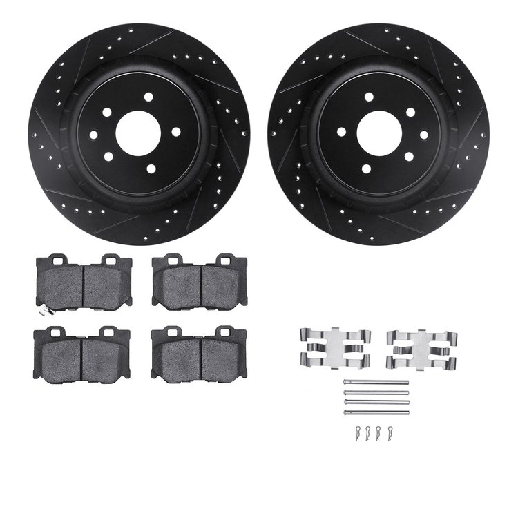 8512-68012 Drilled/Slotted Brake Rotors w/5000 Advanced Brake Pads Kit & Hardware [Black], 2008-2020 Infiniti/Nissan, Position: 