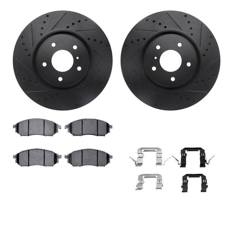 8512-68013 Drilled/Slotted Brake Rotors w/5000 Advanced Brake Pads Kit & Hardware [Black], 2005-2013 Infiniti/Nissan, Position: 