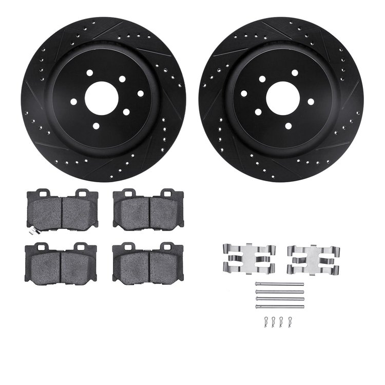 8512-68017 Drilled/Slotted Brake Rotors w/5000 Advanced Brake Pads Kit & Hardware [Black], Fits Select Infiniti/Nissan, Position