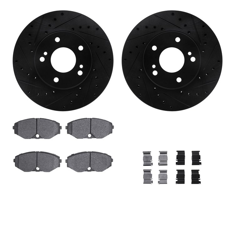 8512-68023 Drilled/Slotted Brake Rotors w/5000 Advanced Brake Pads Kit & Hardware [Black], 1990-1995 Infiniti/Nissan, Position: 