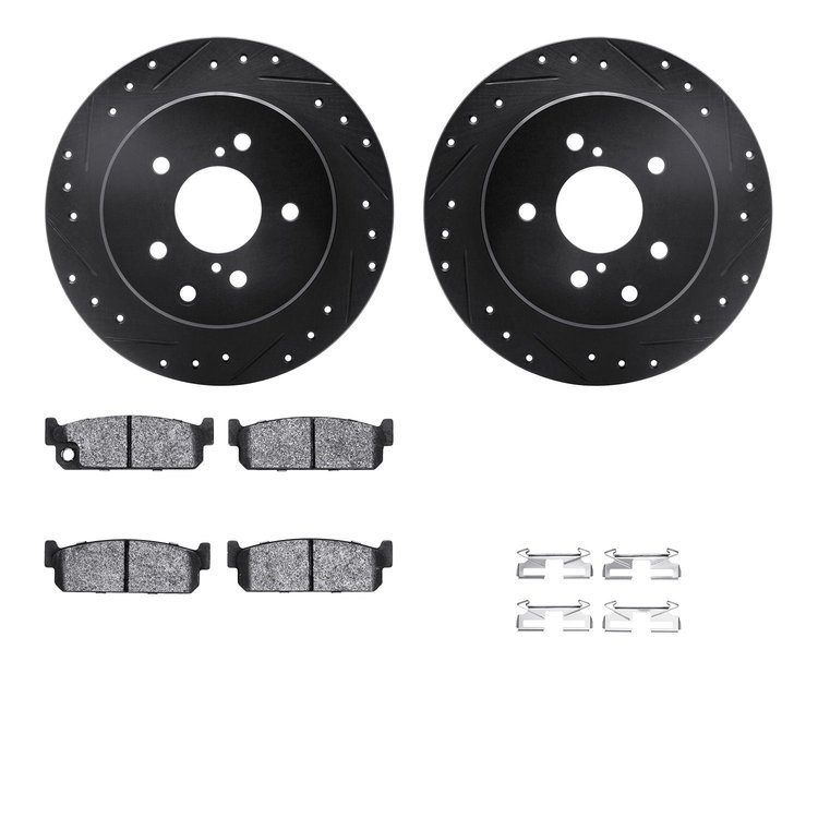 8512-68026 Drilled/Slotted Brake Rotors w/5000 Advanced Brake Pads Kit & Hardware [Black], 1990-1993 Infiniti/Nissan, Position: 