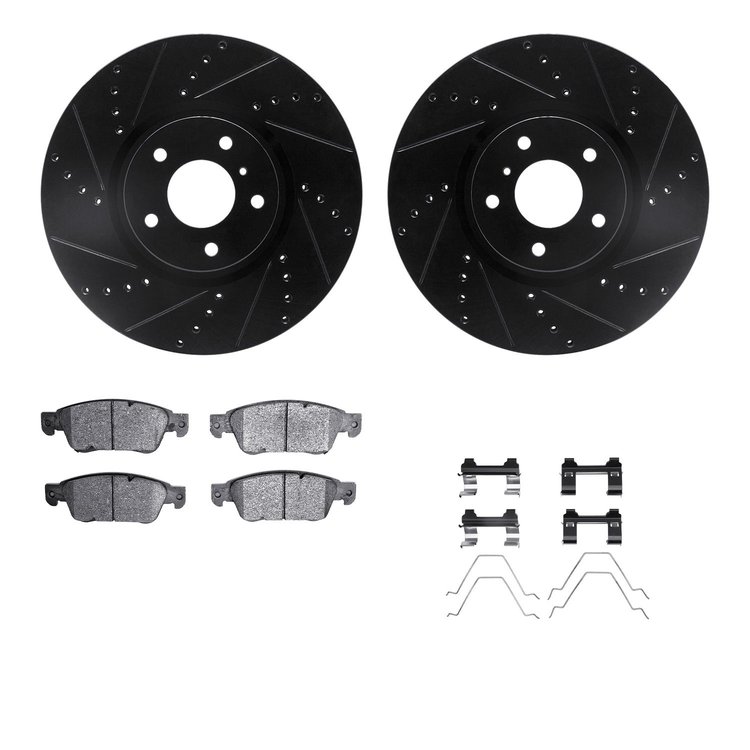 8512-68059 Drilled/Slotted Brake Rotors w/5000 Advanced Brake Pads Kit & Hardware [Black], 2007-2015 Infiniti/Nissan, Position: 