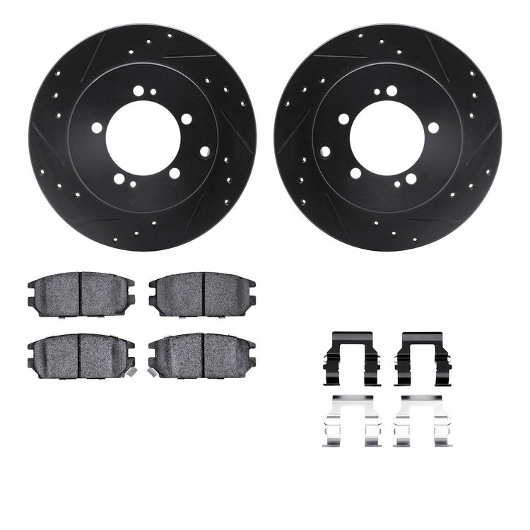 8512-72027 Drilled/Slotted Brake Rotors w/5000 Advanced Brake Pads Kit & Hardware [Black], 1991-1993 Multiple Makes/Models, Posi