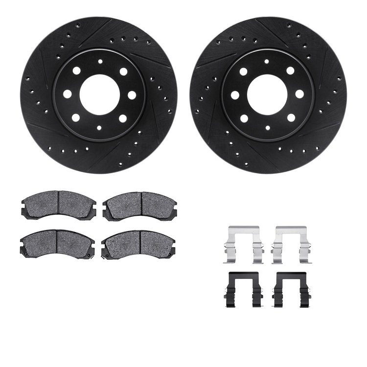 8512-72028 Drilled/Slotted Brake Rotors w/5000 Advanced Brake Pads Kit & Hardware [Black], 1990-1993 Mitsubishi, Position: Front