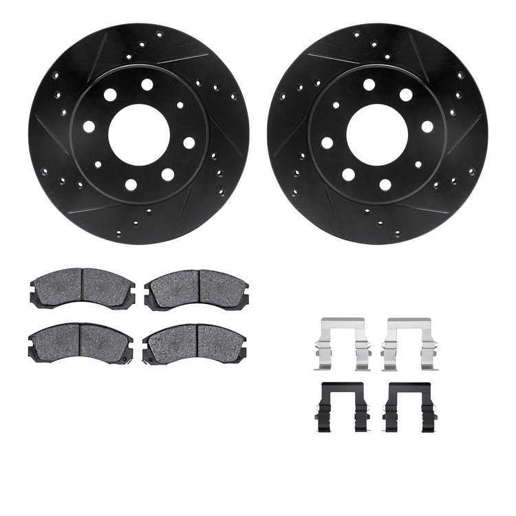 8512-72035 Drilled/Slotted Brake Rotors w/5000 Advanced Brake Pads Kit & Hardware [Black], 1998-1998 Mitsubishi, Position: Front