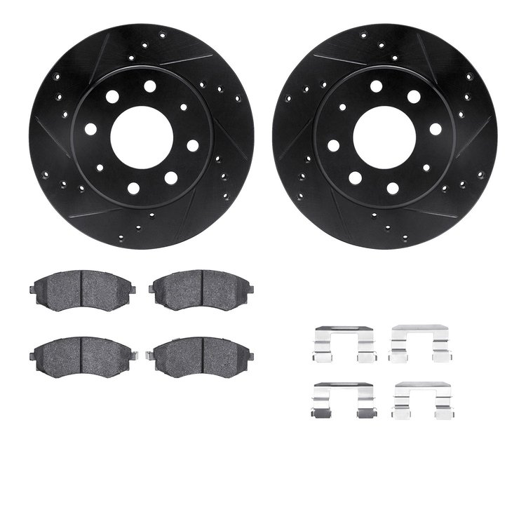 8512-72037 Drilled/Slotted Brake Rotors w/5000 Advanced Brake Pads Kit & Hardware [Black], 2005-2006 Kia/Hyundai/Genesis, Positi