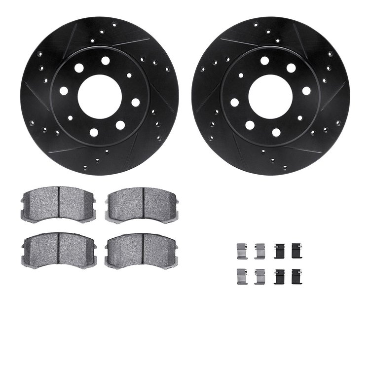 8512-72038 Drilled/Slotted Brake Rotors w/5000 Advanced Brake Pads Kit & Hardware [Black], 2002-2007 Mitsubishi, Position: Front
