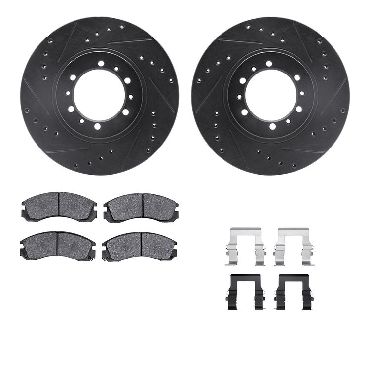 8512-72043 Drilled/Slotted Brake Rotors w/5000 Advanced Brake Pads Kit & Hardware [Black], 1990-2004 Mitsubishi, Position: Front