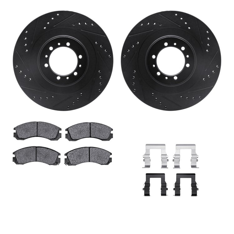 8512-72044 Drilled/Slotted Brake Rotors w/5000 Advanced Brake Pads Kit & Hardware [Black], 1998-2004 Mitsubishi, Position: Front