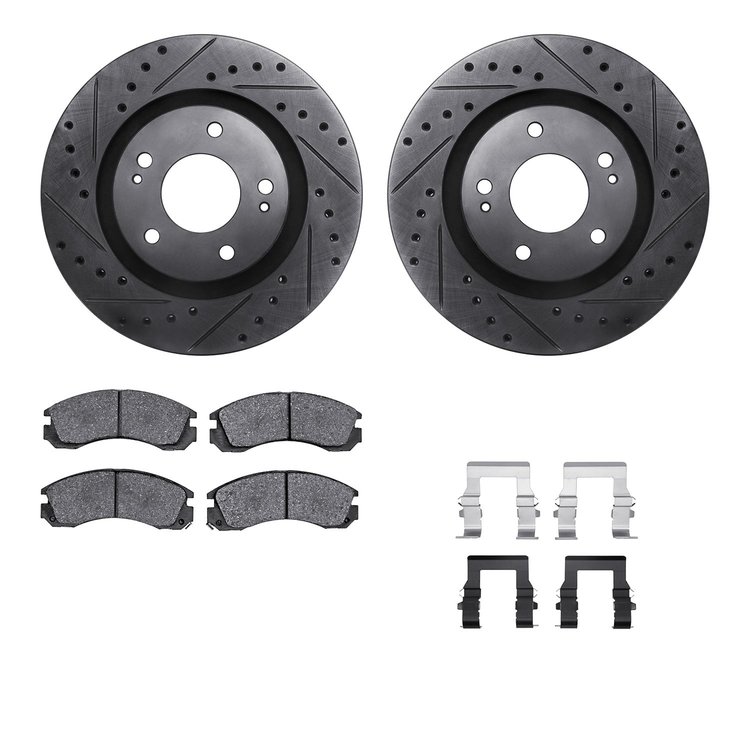 8512-72045 Drilled/Slotted Brake Rotors w/5000 Advanced Brake Pads Kit & Hardware [Black], Fits Select Mitsubishi, Position: Fro