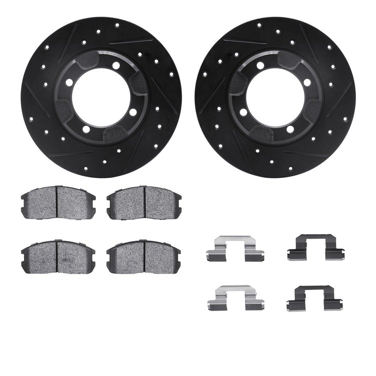 8512-72050 Drilled/Slotted Brake Rotors w/5000 Advanced Brake Pads Kit & Hardware [Black], 1985-1990 Multiple Makes/Models, Posi