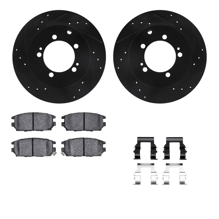 8512-72051 Drilled/Slotted Brake Rotors w/5000 Advanced Brake Pads Kit & Hardware [Black], 1992-1996 Mitsubishi, Position: Rear