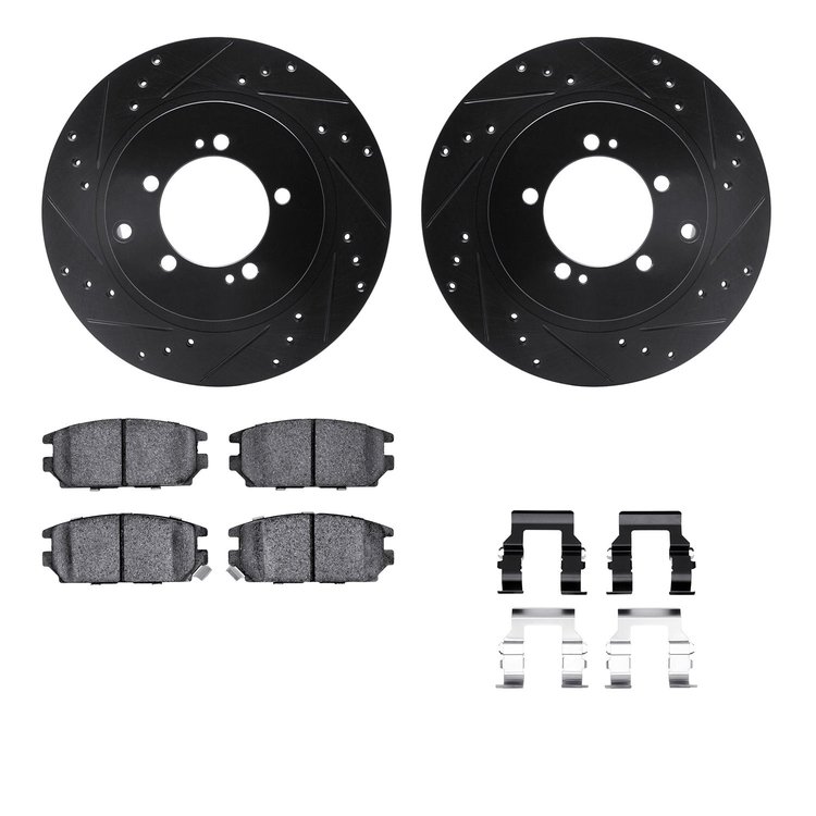 8512-72054 Drilled/Slotted Brake Rotors w/5000 Advanced Brake Pads Kit & Hardware [Black], 1994-1994 Mopar, Position: Rear