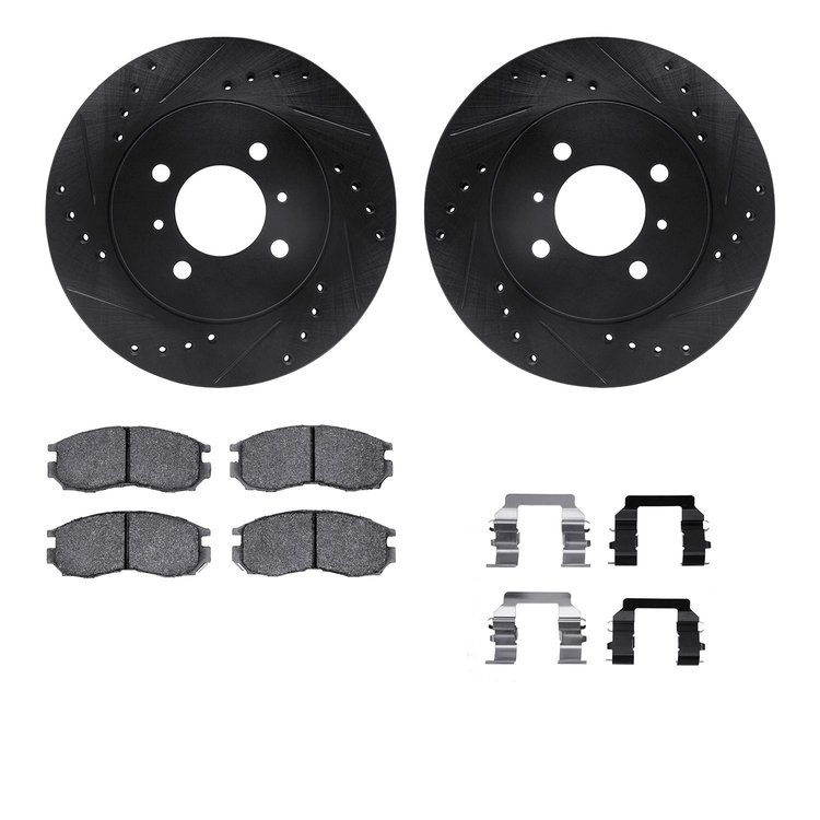8512-72057 Drilled/Slotted Brake Rotors w/5000 Advanced Brake Pads Kit & Hardware [Black], 1998-2002 Mitsubishi, Position: Front