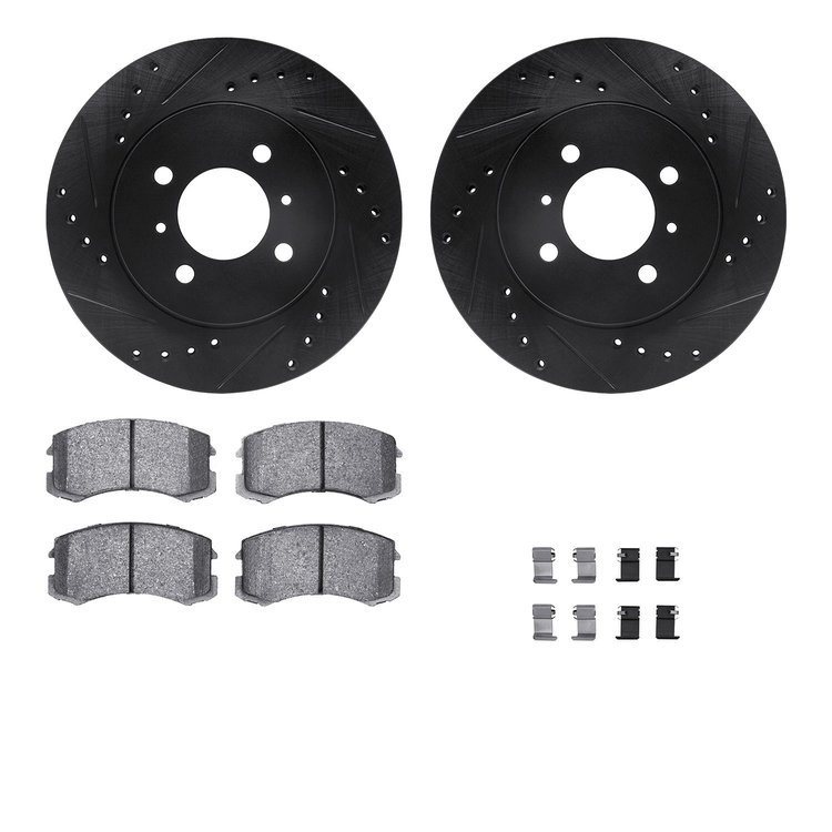 8512-72058 Drilled/Slotted Brake Rotors w/5000 Advanced Brake Pads Kit & Hardware [Black], 2002-2007 Mitsubishi, Position: Front