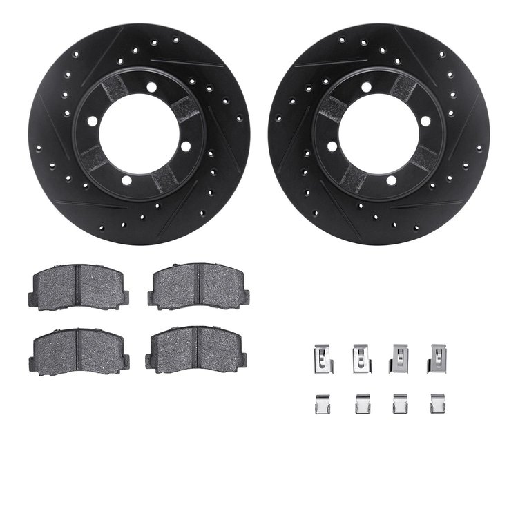 8512-72059 Drilled/Slotted Brake Rotors w/5000 Advanced Brake Pads Kit & Hardware [Black], 1983-1983 Mitsubishi, Position: Front