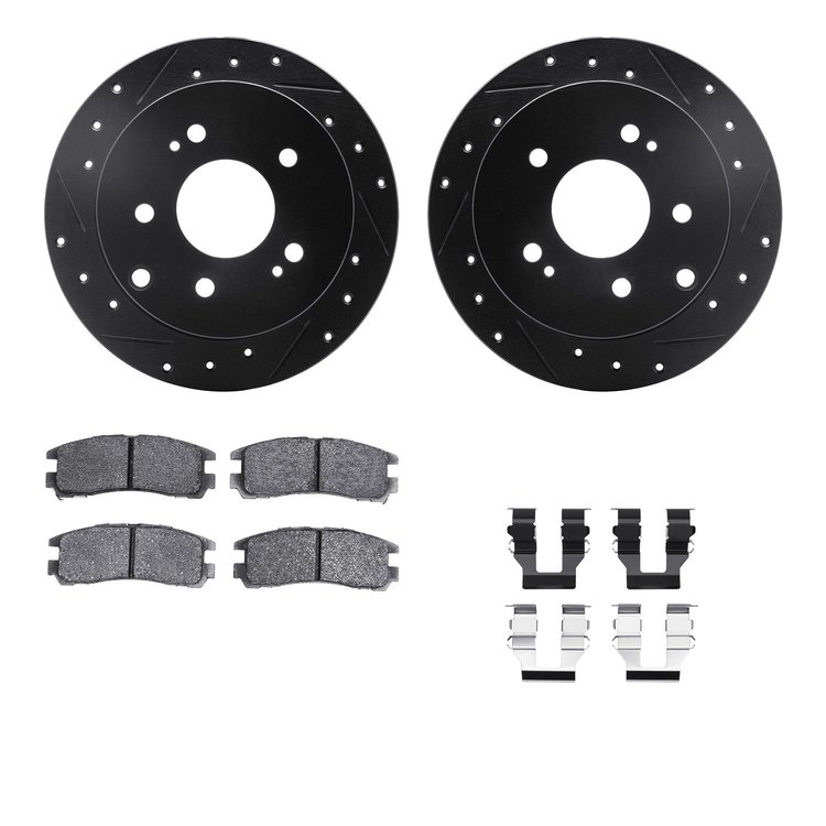 8512-72064 Drilled/Slotted Brake Rotors w/5000 Advanced Brake Pads Kit & Hardware [Black], 2004-2012 Mitsubishi, Position: Rear