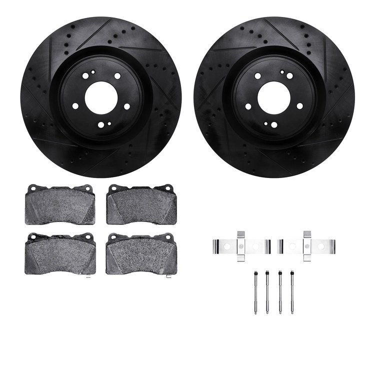 8512-72070 Drilled/Slotted Brake Rotors w/5000 Advanced Brake Pads Kit & Hardware [Black], 2008-2015 Mitsubishi, Position: Front