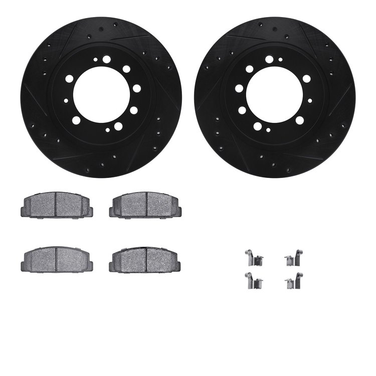 8512-72077 Drilled/Slotted Brake Rotors w/5000 Advanced Brake Pads Kit & Hardware [Black], 1984-1989 Mopar, Position: Rear